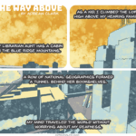 “The Way Above by Adrean Clark My librarian aunt has a cabin in the Blue Ridge Mountains. As a kid, I climbed the loft high above my hearing family. A row of National Geographic’s formed a tunnel behind her bookshelves. My mind traveled the world without worrying about my Deafness." 3 panels who altogether depict a cityscape view of St. Paul, Minnesota.